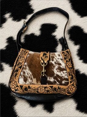 Leather Cowhide Shoulder Bag in Brown and Cream